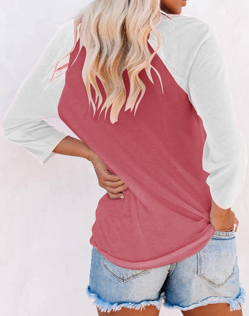Bingerlily Women's Casual T-Shirts 3/4 Sleeve Color Block Cute Tops Comfy Blouses (Deep Peach,X-Large) - Image 3